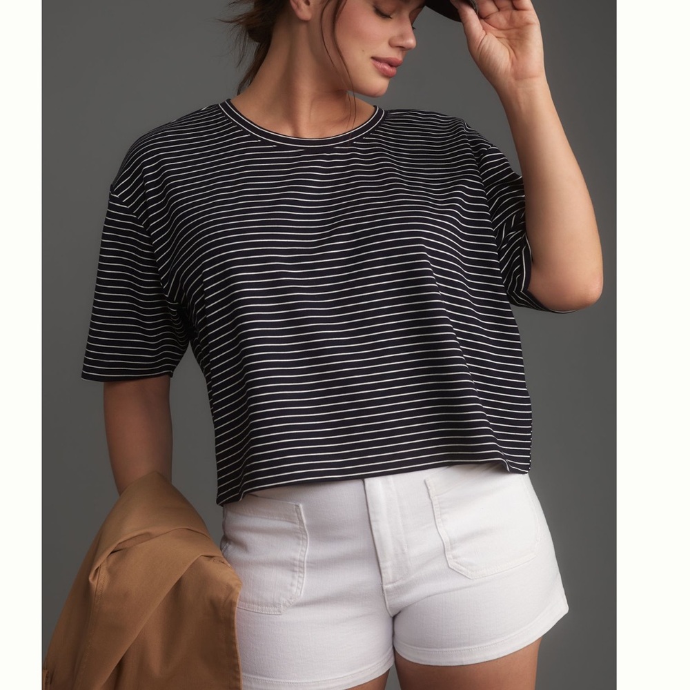 Anthropologie Boxy Short-Sleeve Top Maeve NEW Navy Stripe Large